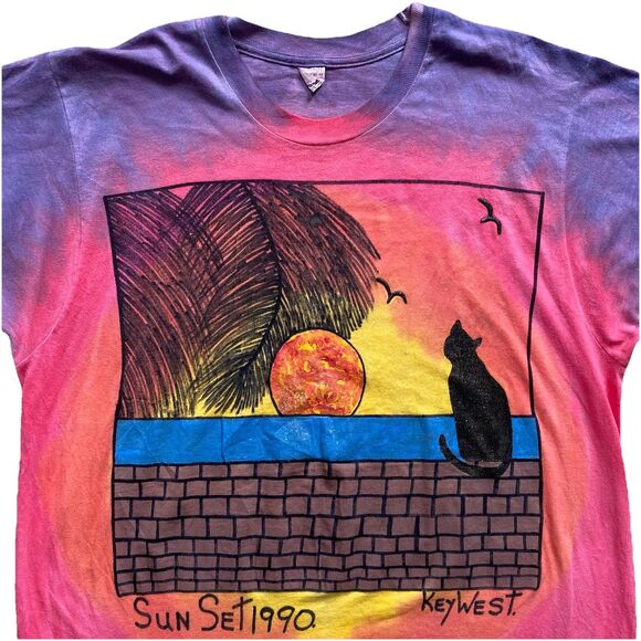 Fruit of the Loom Other - Vintage Key West Cat T Shirt 90s Tie Dye XL Sunset Palm Animal